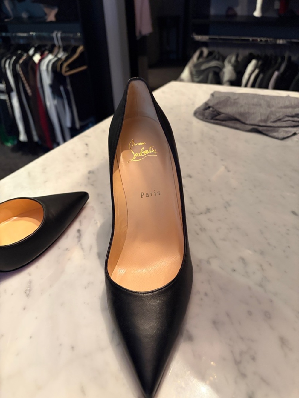 Christian Louboutin Black Pointed-Toe Leather Pump with Nude Insole